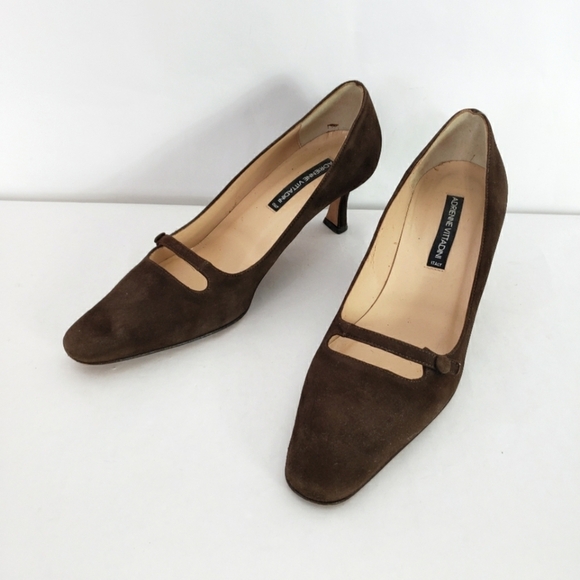 Adrienne Vittadini brown suede Square toe heel dainty button - Picture 1 of 9